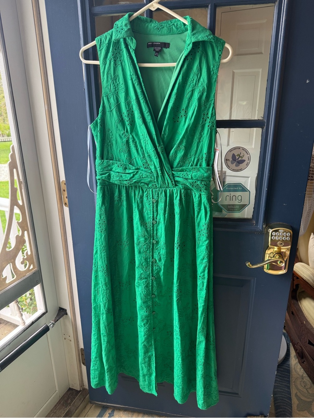 Maggy London Emerald Green Eyelet Surplice Midi Dress